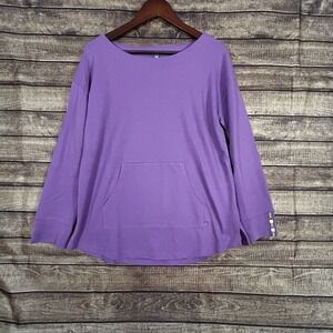 T by Talbots Purple Plum Knit Top Kangaroo Pocket Ribbon Button Sleeve Size M